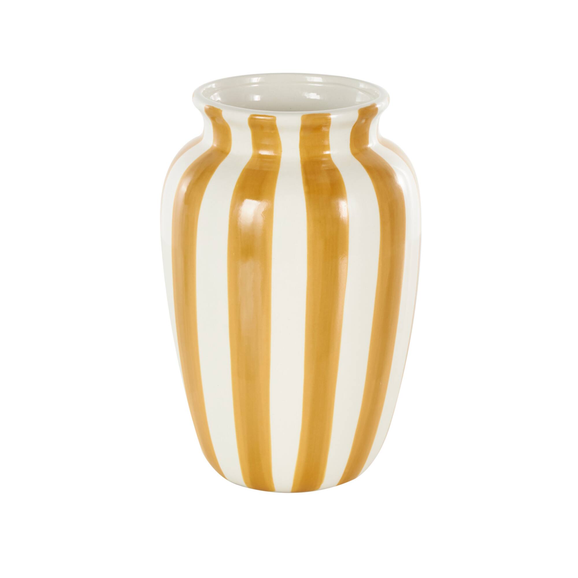 9.5" White & Yellow Stripes Round Wide Ceramic Vase